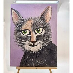Hand Painted Whimsical Cat Canvas Board Folk Art Boho Cottagecore 16x12